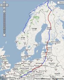 Overview (click on map to expand)<br>The solid red and blue lines each represent approx. 7 days' cycling.<br>The blue dotted line represents travel on the Hurtigruten Coastal Steamer.<br>The final black line represents travel by bus.