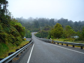 A typical one-lane bridge near Ross, probably Waitaha River
