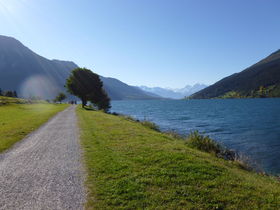 Reschen Lake, view south to Monte Adamello<br> Reschensee, Blick süd zur Monte Adamello