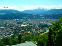 View over Innsbruck to Olympic Ski Jump and Brenner Pass from Nordkette Terminus of Bus Line J